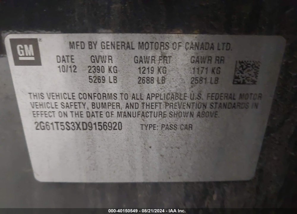 2013 CADILLAC XTS PREMIUM VIN: 2G61T5S3XD9156920
