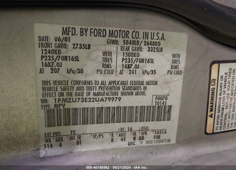 2002 FORD EXPLORER XLT VIN: 1FMZU73E22UA79979