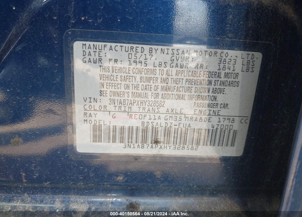 2017 NISSAN SENTRA SV VIN: 3N1AB7APXHY328582