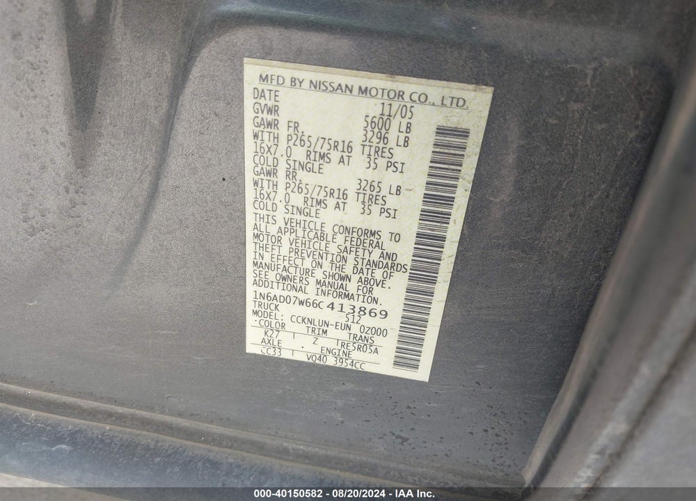 2006 NISSAN FRONTIER NISMO OFF ROAD VIN: 1N6AD07W66C413869