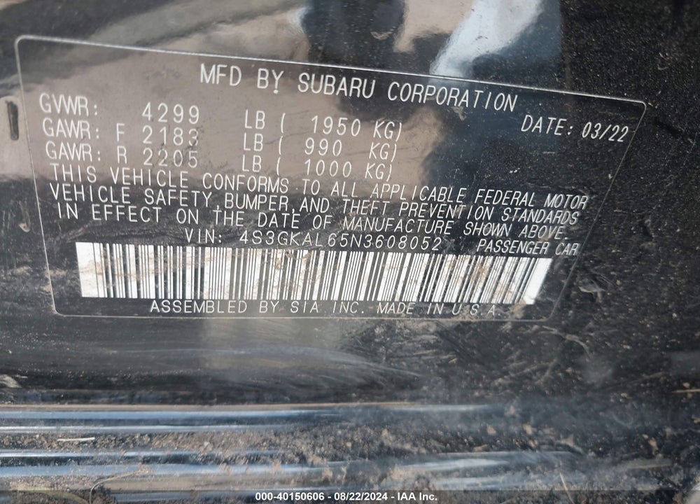 2022 SUBARU IMPREZA SPORT VIN: 4S3GKAL65N3608052