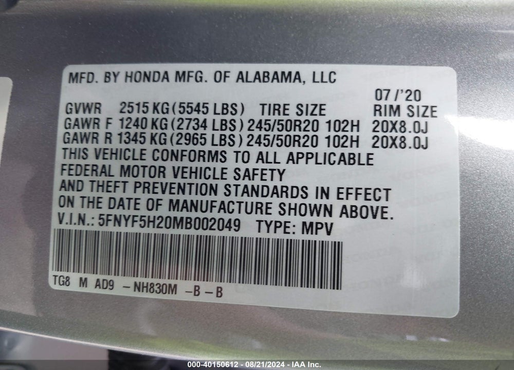2021 HONDA PILOT 2WD SPECIAL EDITION VIN: 5FNYF5H20MB002049