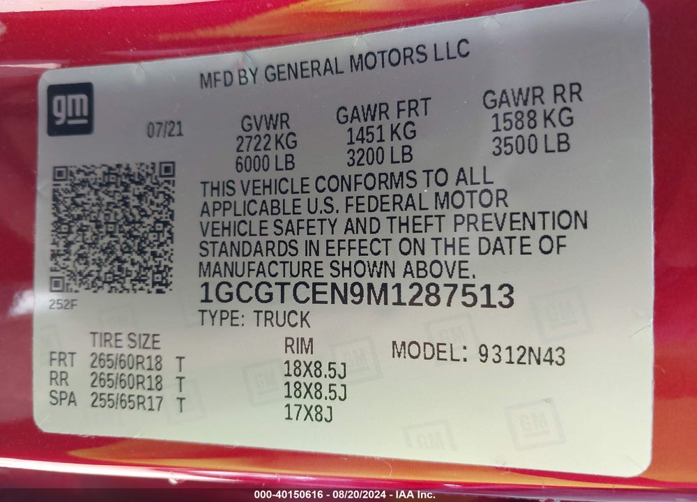 2021 CHEVROLET COLORADO 4WD SHORT BOX LT VIN: 1GCGTCEN9M1287513