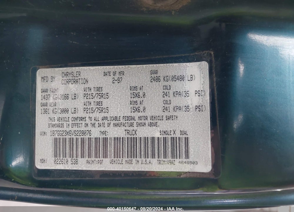 1997 DODGE DAKOTA SLT/SPORT VIN: 1B7GG23X6VS228076