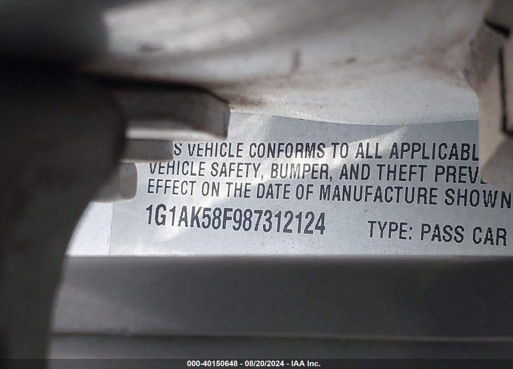 2008 CHEVROLET COBALT LS VIN: 1G1AK58F987312124