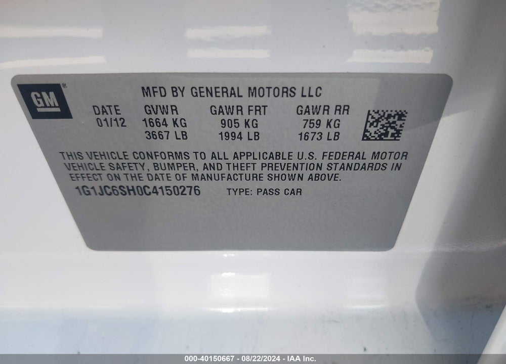 2012 CHEVROLET SONIC VIN: 1G1JC6SH0C4150276