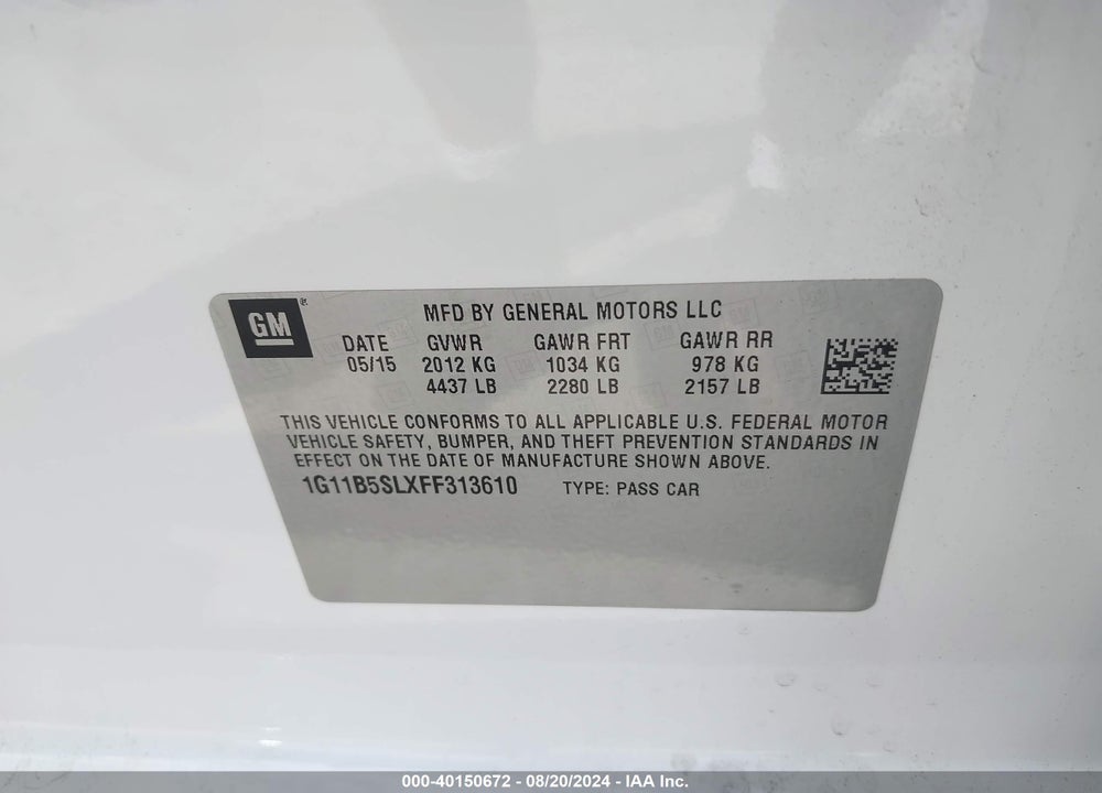 2015 CHEVROLET MALIBU LS VIN: 1G11B5SLXFF313610