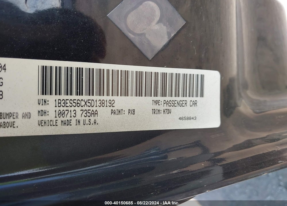 2005 DODGE NEON SXT VIN: 1B3ES56CX5D138192