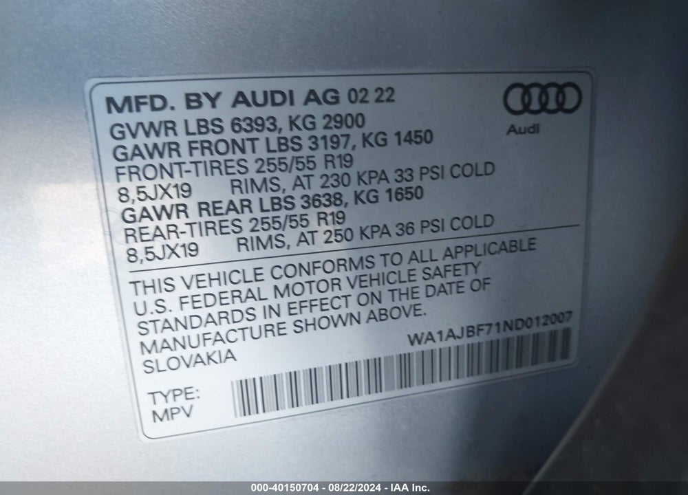 2022 AUDI Q7 PREMIUM 45 TFSI QUATTRO TIPTRONIC VIN: WA1AJBF71ND012007