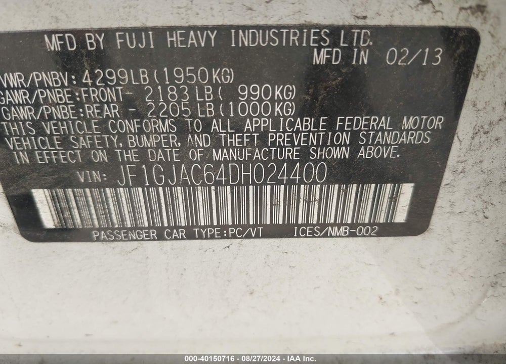 2013 SUBARU IMPREZA 2.0I PREMIUM VIN: JF1GJAC64DH024400