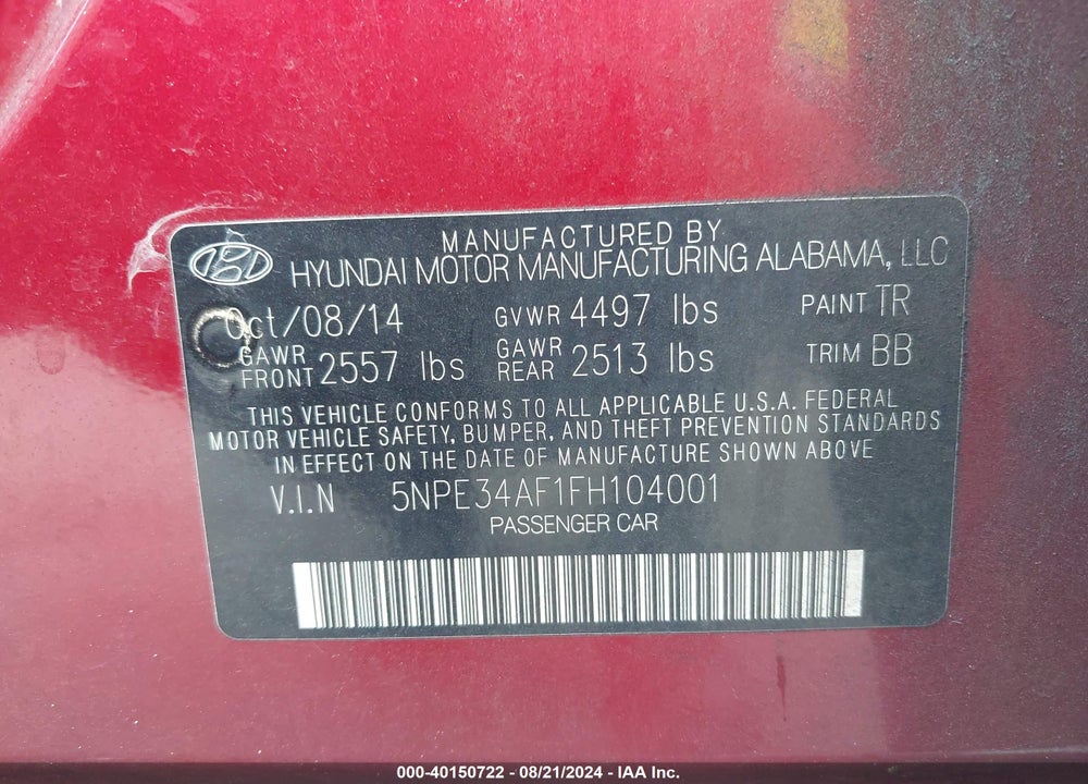 2015 HYUNDAI SONATA LIMITED VIN: 5NPE34AF1FH104001