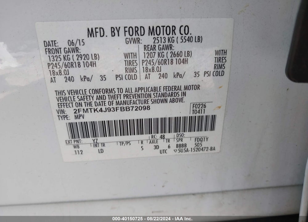 2015 FORD EDGE SEL VIN: 2FMTK4J93FBB72098