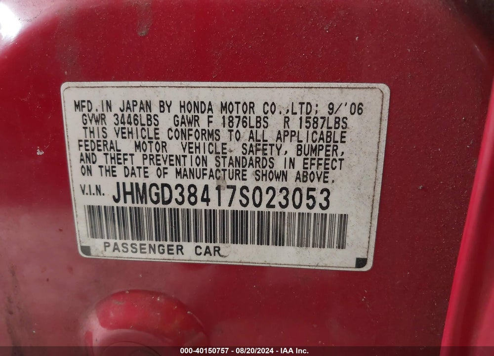 2007 HONDA FIT VIN: JHMGD38417S023053