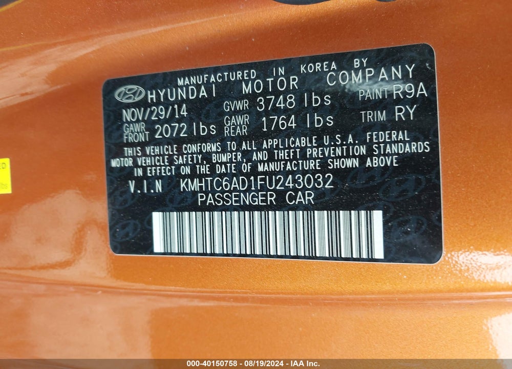 2015 HYUNDAI VELOSTER VIN: KMHTC6AD1FU243032