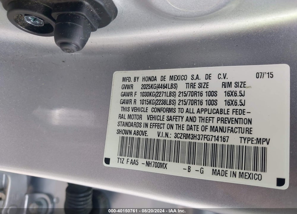 2015 HONDA CR-V VIN: 3CZRM3H37FG714167