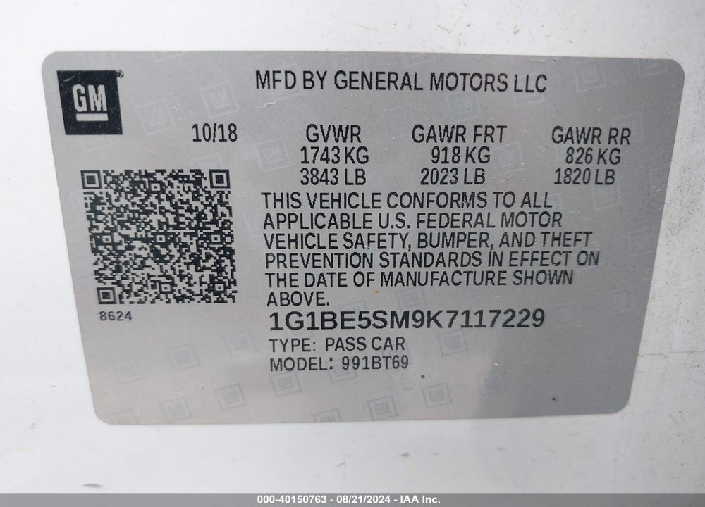2019 CHEVROLET CRUZE LT VIN: 1G1BE5SM9K7117229