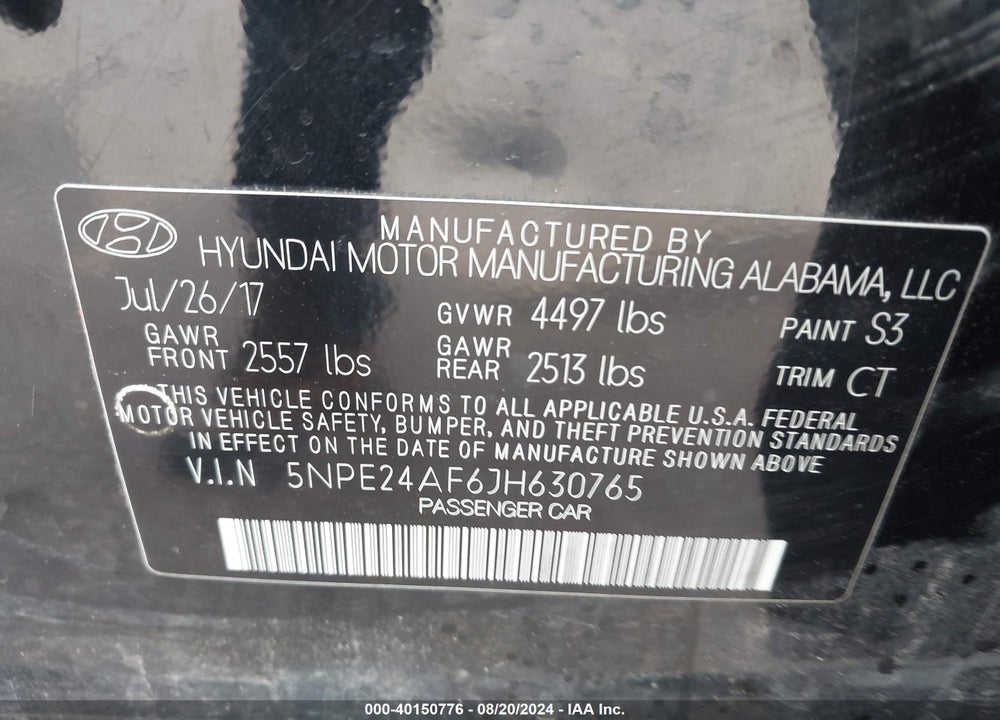 2018 HYUNDAI SONATA SE VIN: 5NPE24AF6JH630765
