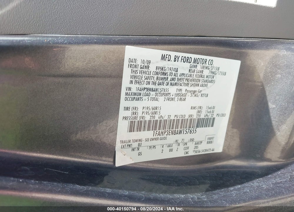 2010 FORD FOCUS S VIN: 1FAHP3EN8AW157655