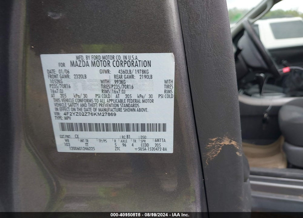 2006 MAZDA TRIBUTE I VIN: 4F2YZ02Z76KM27869