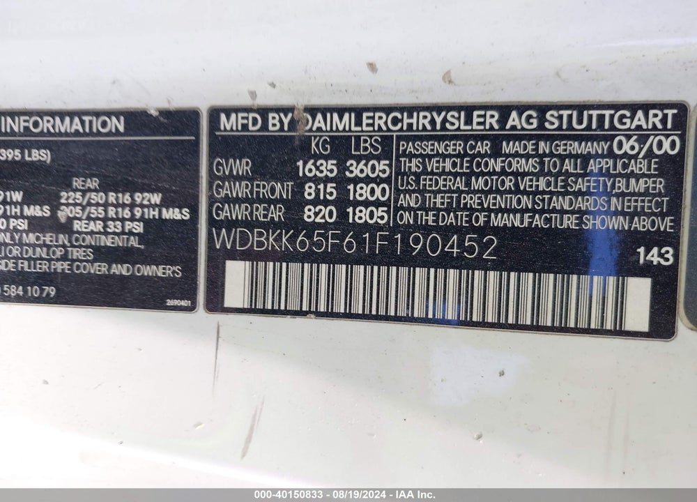 2001 MERCEDES-BENZ SLK 320 VIN: WDBKK65F61F190452