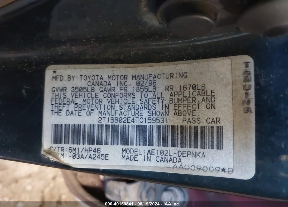 1996 TOYOTA COROLLA DX VIN: 2T1BB02E4TC159531