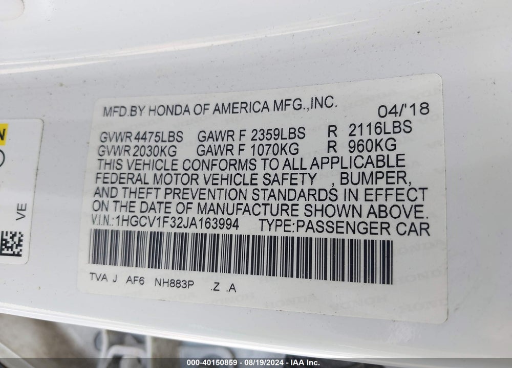 2018 HONDA ACCORD SPORT VIN: 1HGCV1F32JA163994