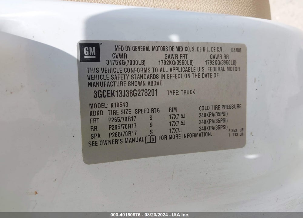 2008 CHEVROLET SILVERADO 1500 LTZ VIN: 3GCEK13J38G278201
