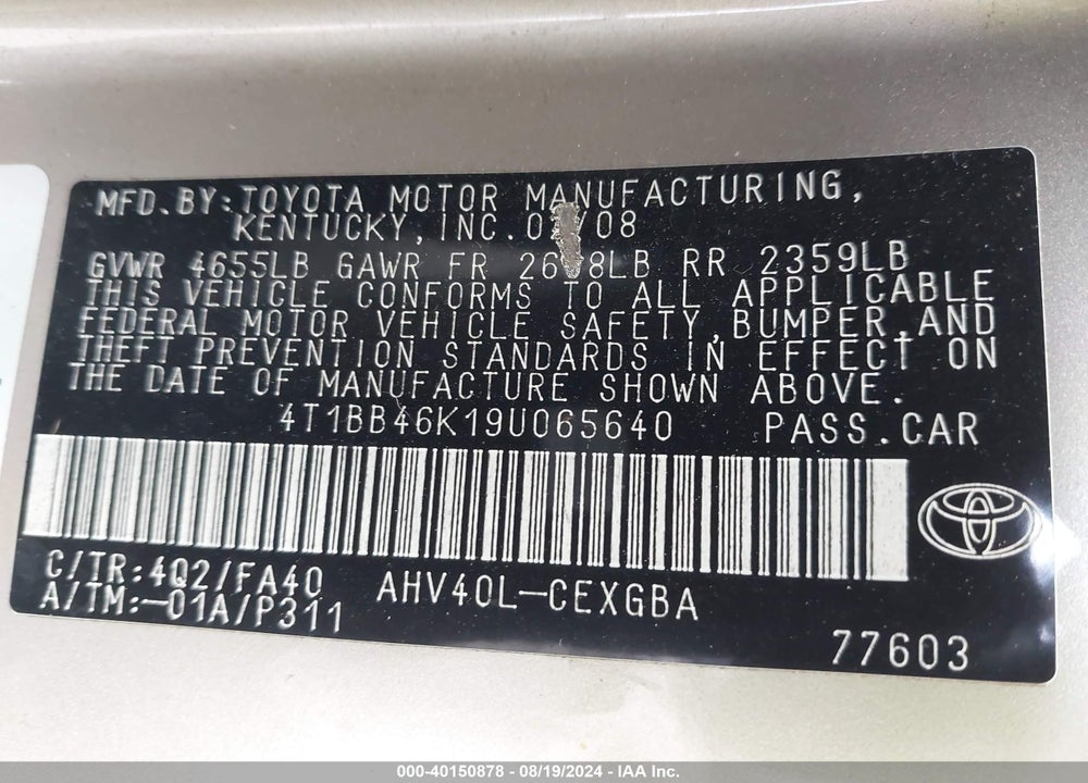 2009 TOYOTA CAMRY HYBRID VIN: 4T1BB46K19U065640