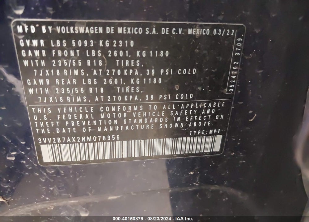 2022 VOLKSWAGEN TIGUAN 2.0T SE VIN: 3VV2B7AX2NM078955