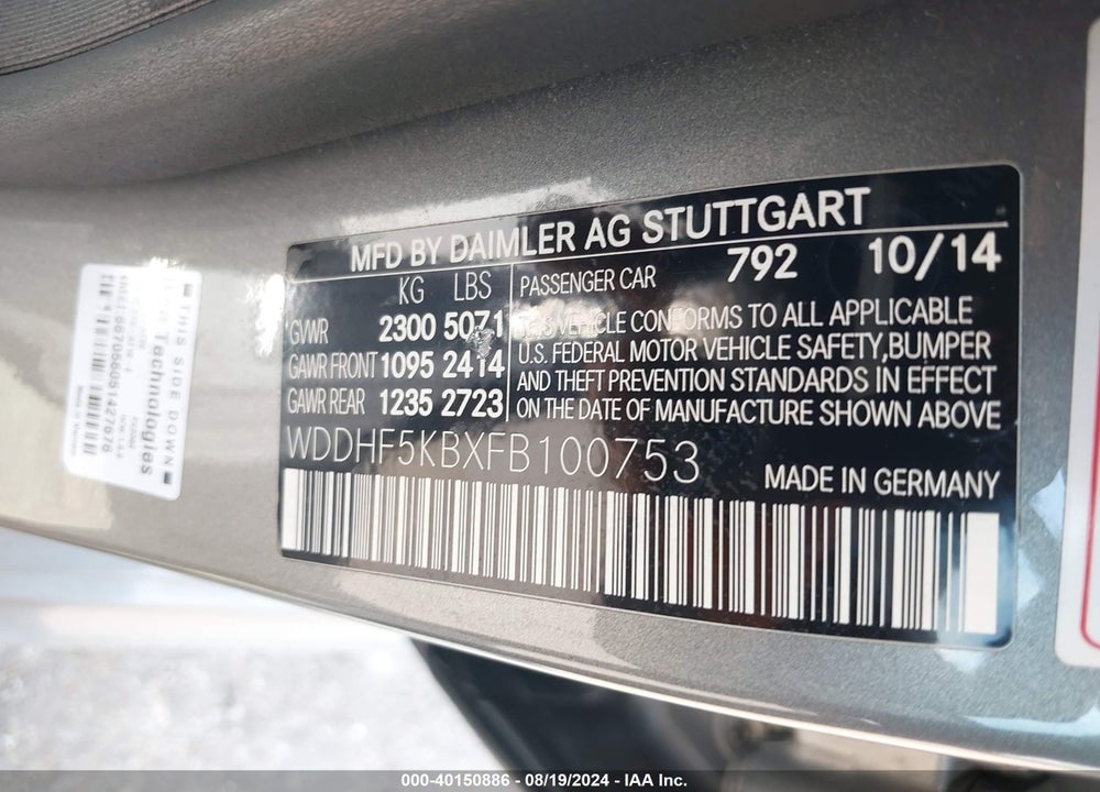 2015 MERCEDES-BENZ E 350 VIN: WDDHF5KBXFB100753