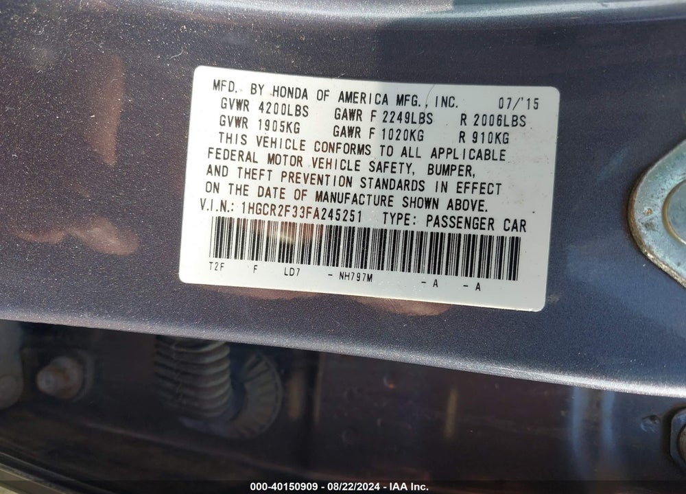2015 HONDA ACCORD LX VIN: 1HGCR2F33FA245251