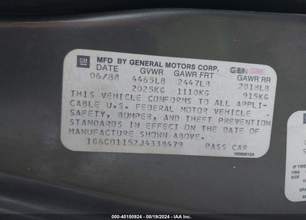1988 CADILLAC DEVILLE VIN: 1G6CD1152J4338479