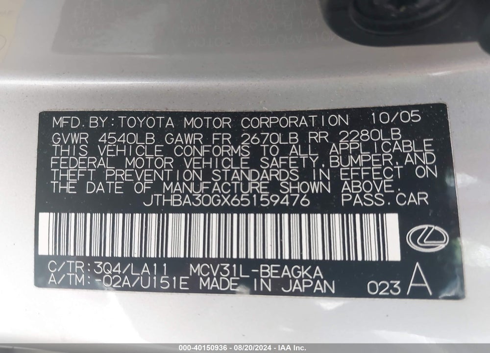 2006 LEXUS ES 330 VIN: JTHBA30GX65159476