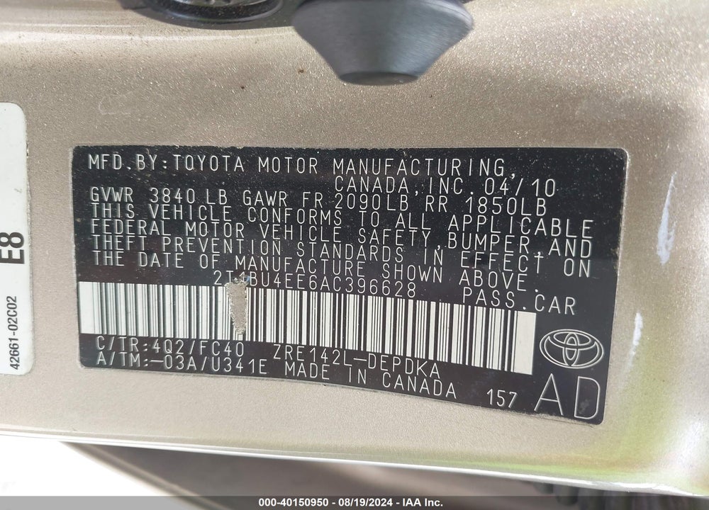 2010 TOYOTA COROLLA LE VIN: 2T1BU4EE6AC396628