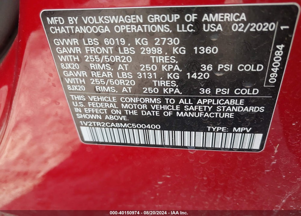 2021 VOLKSWAGEN ATLAS 3.6L V6 SEL PREMIUM VIN: 1V2TR2CA8MC500400