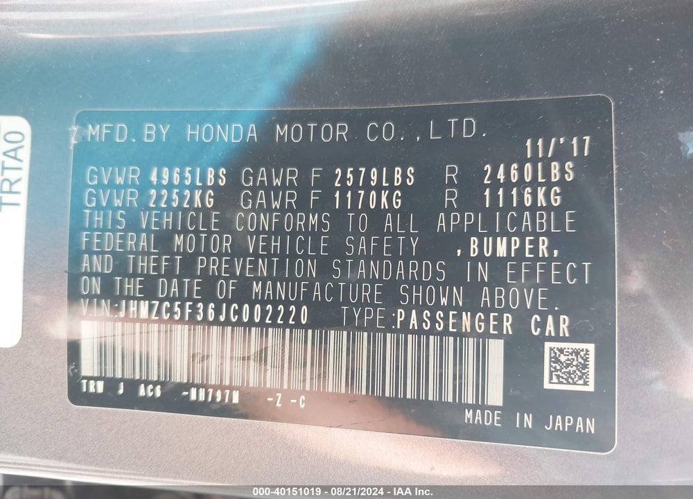 2018 HONDA CLARITY PLUG-IN HYBRID TOURING VIN: JHMZC5F36JC002220