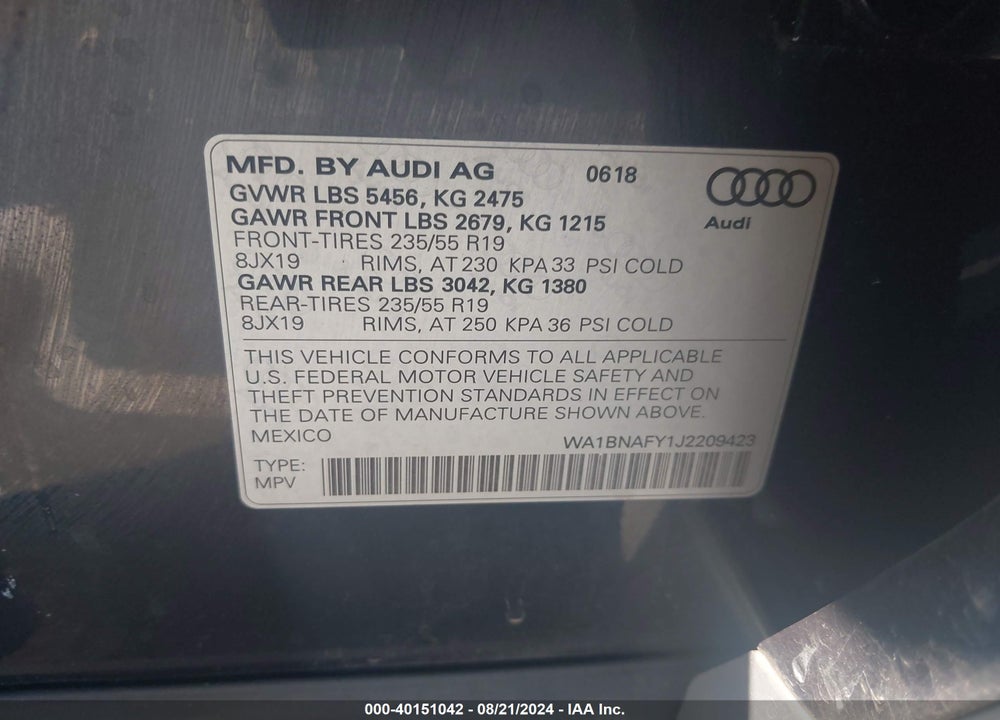 2018 AUDI Q5 2.0T PREMIUM/2.0T TECH PREMIUM VIN: WA1BNAFY1J2209423
