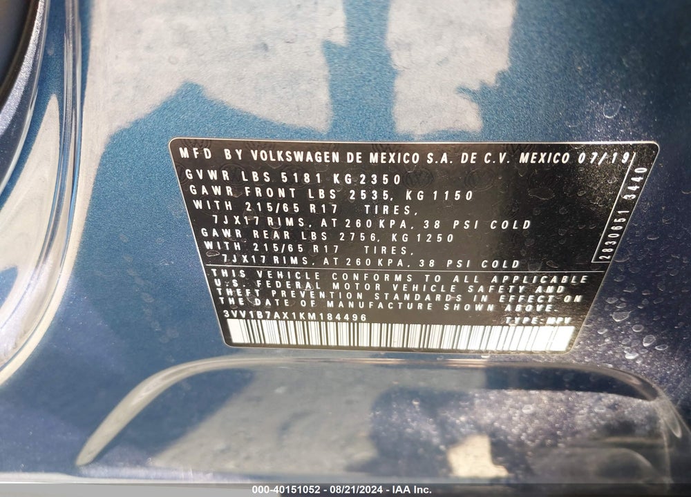 2019 VOLKSWAGEN TIGUAN 2.0T S VIN: 3VV1B7AX1KM184496