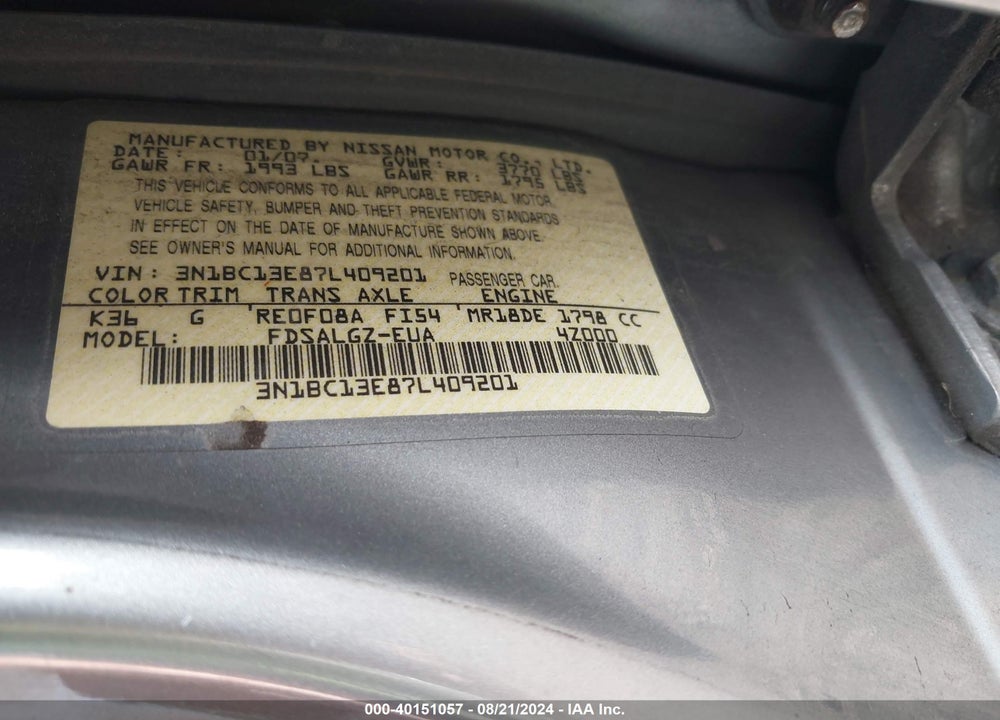 2007 NISSAN VERSA 1.8SL VIN: 3N1BC13E87L409201