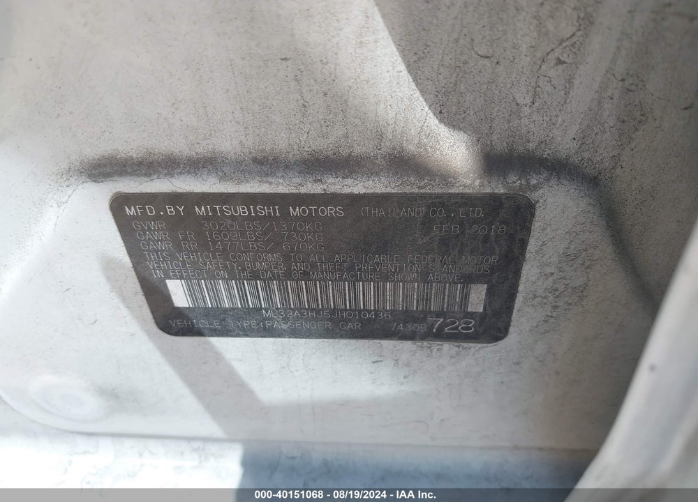 2018 MITSUBISHI MIRAGE ES VIN: ML32A3HJ5JH010436