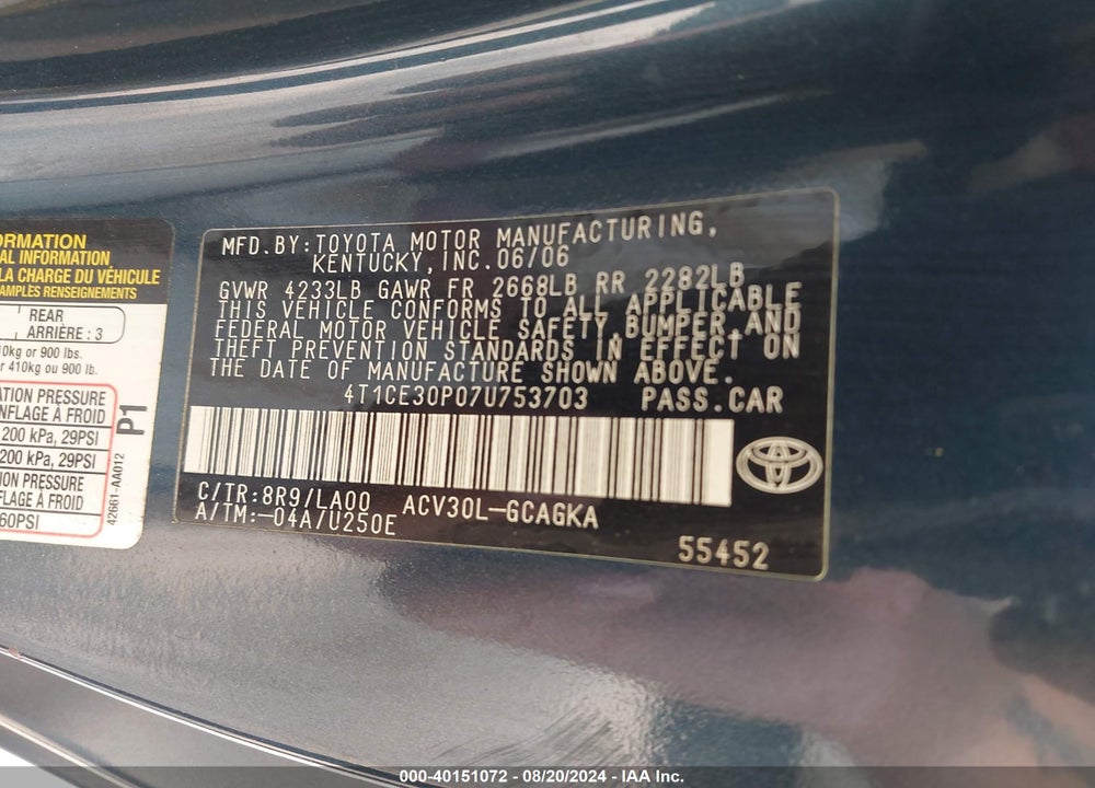 2007 TOYOTA CAMRY SOLARA VIN: 4T1CE30P07U753703
