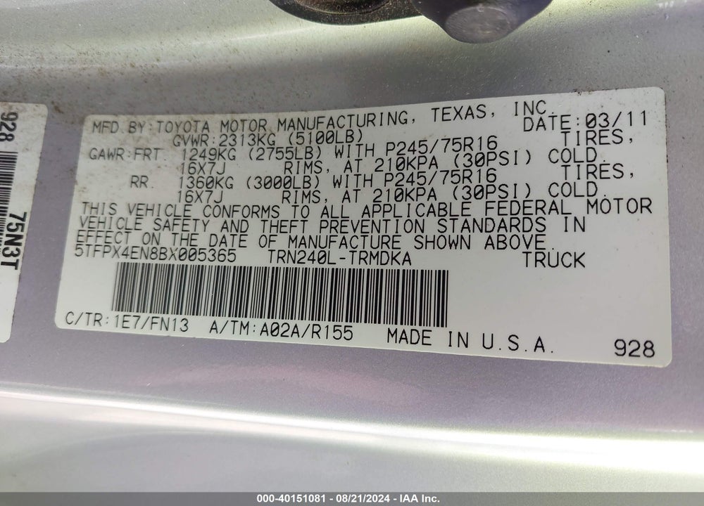 2011 TOYOTA TACOMA VIN: 5TFPX4EN8BX005365