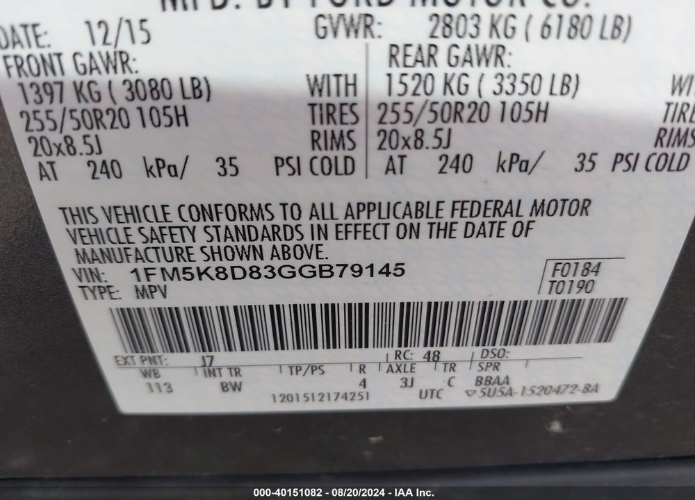 2016 FORD EXPLORER XLT VIN: 1FM5K8D83GGB79145