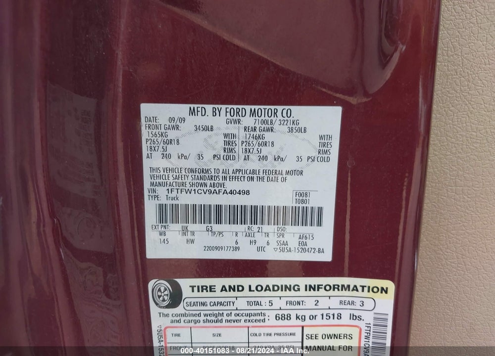 2010 FORD F-150 LARIAT VIN: 1FTFW1CV9AFA40498