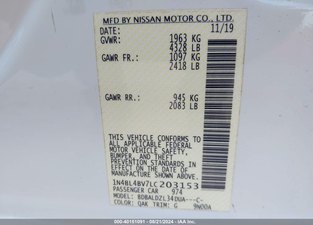 2020 NISSAN ALTIMA S FWD VIN: 1N4BL4BV7LC203153