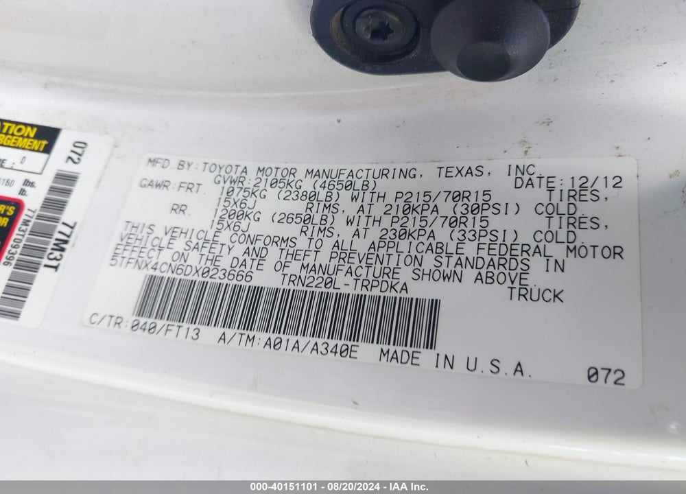 2013 TOYOTA TACOMA VIN: 5TFNX4CN6DX023666