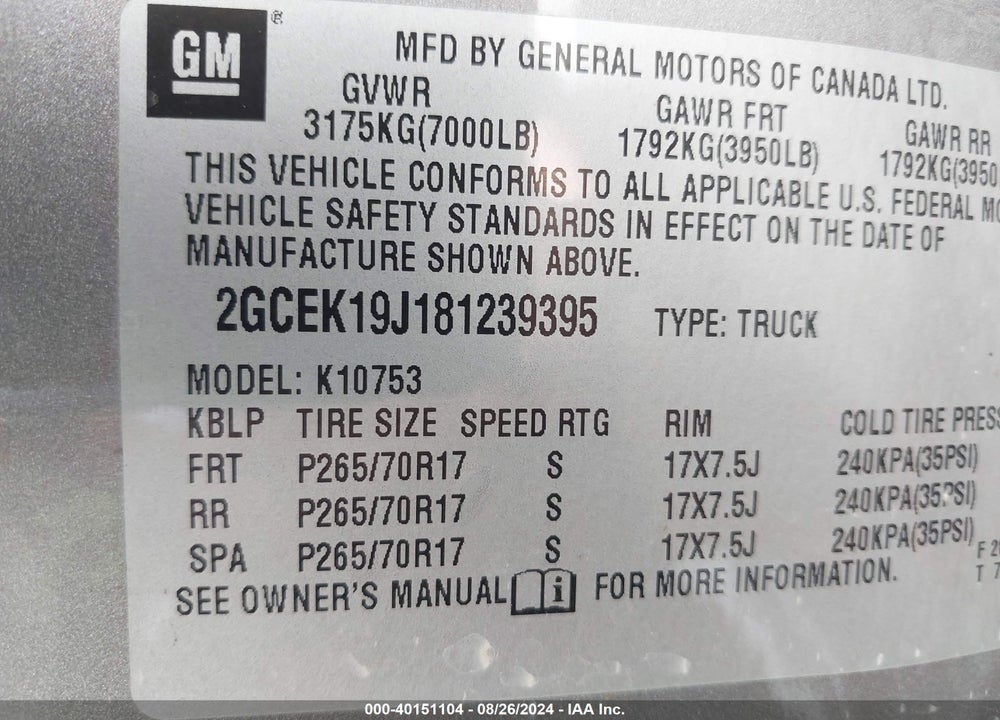 2008 CHEVROLET SILVERADO 1500 LTZ VIN: 2GCEK19J181239395