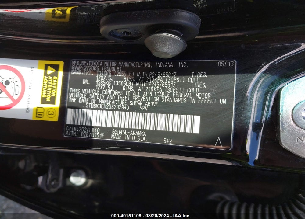 2013 TOYOTA HIGHLANDER SE V6 VIN: 5TDBK3EH2DS237840