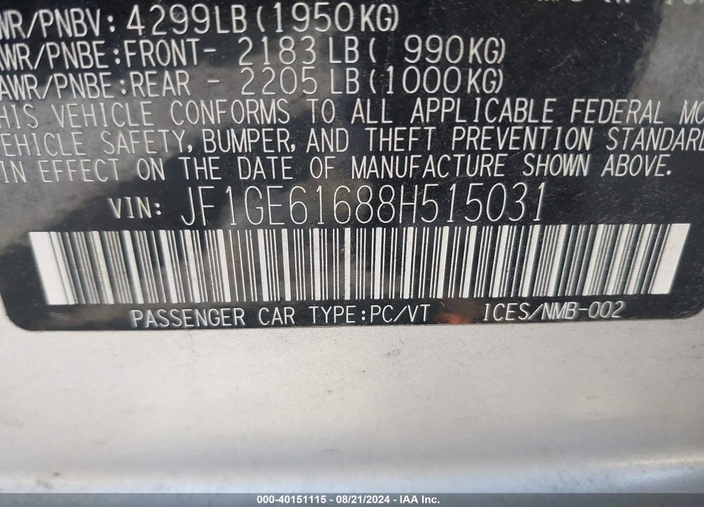 2008 SUBARU IMPREZA 2.5I VIN: JF1GE61688H515031