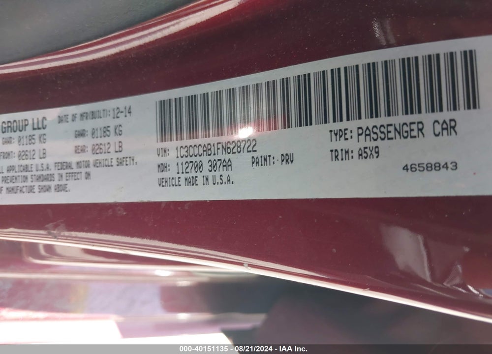 2015 CHRYSLER 200 LIMITED VIN: 1C3CCCAB1FN628722